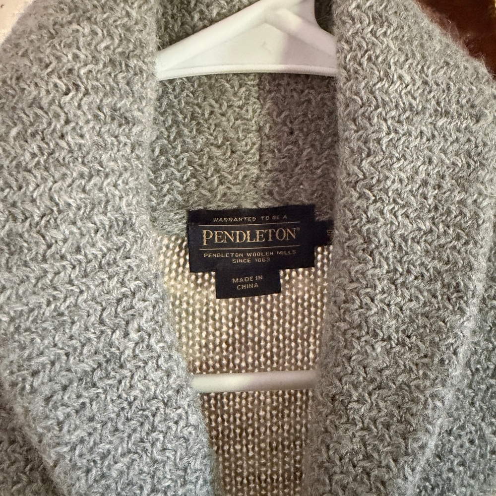 Pendleton Women’s Shawl Collar Button Cardigan - Gray with Blue & Yellow Stripes - Picture 2 of 3
